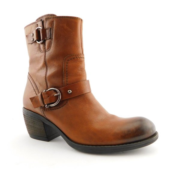 CLARKS Cognac Brown Leather Block Heel Buckled Ankle Boots 9 - Picture 1 of 7